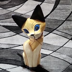 VINTAGE WOODEN HAND-CARVED SIAMESE CAT TALL FIGURINE COLLECTIBLE RARE/HTF